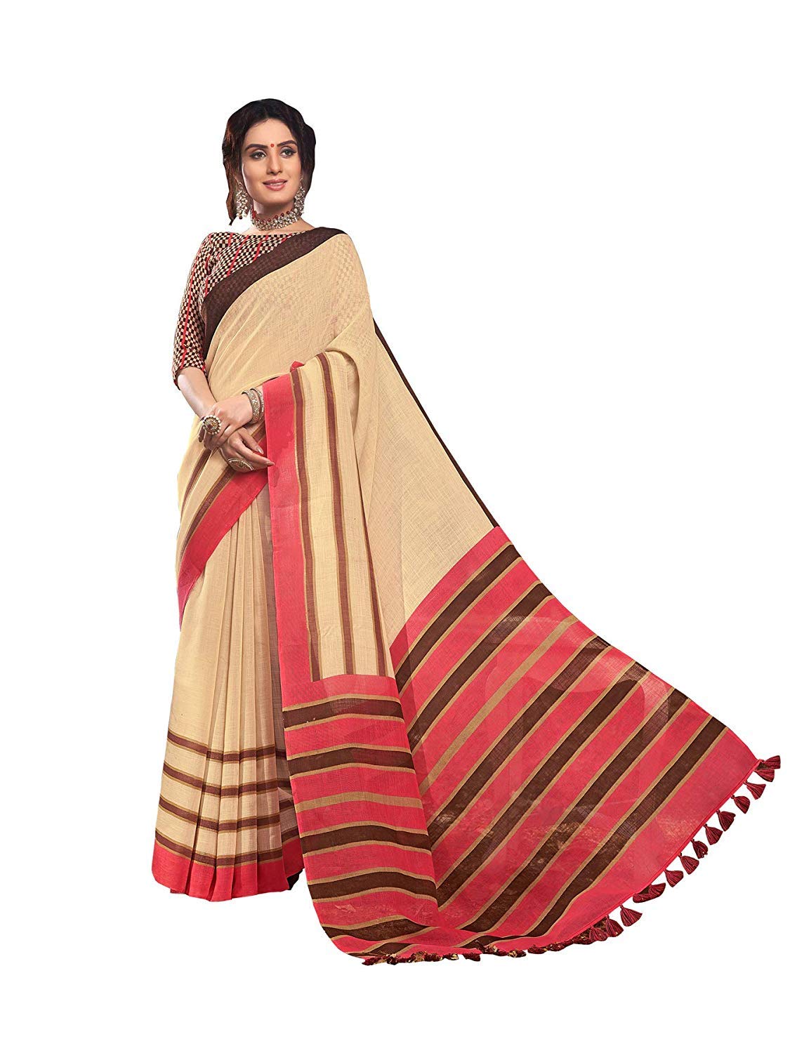 DRAVINAM Trends Women's Khadi Linen Saree With Blouse Piece (SareePL_2_Beige & Peach)
