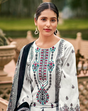 DRAVINAM Trends Women's Pakistani Print Embroidered Unstitcehd Pure Cambric Cotton Salwar Suit Dress Materials with Pure Cotton Printed Dupatta