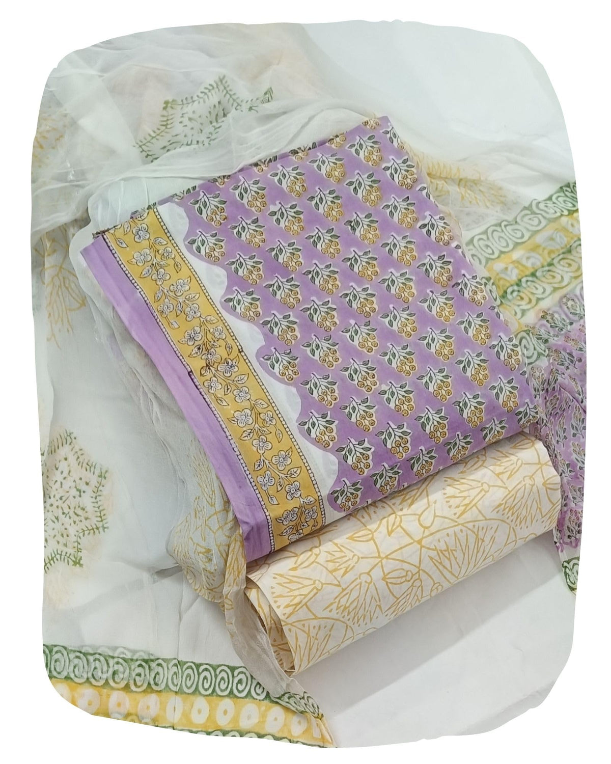 DRAVINAM Trends Hand Block Print Pure Cambric Cotton Unstitched Suit Material with Chiffon Hand Printed Dupatta
