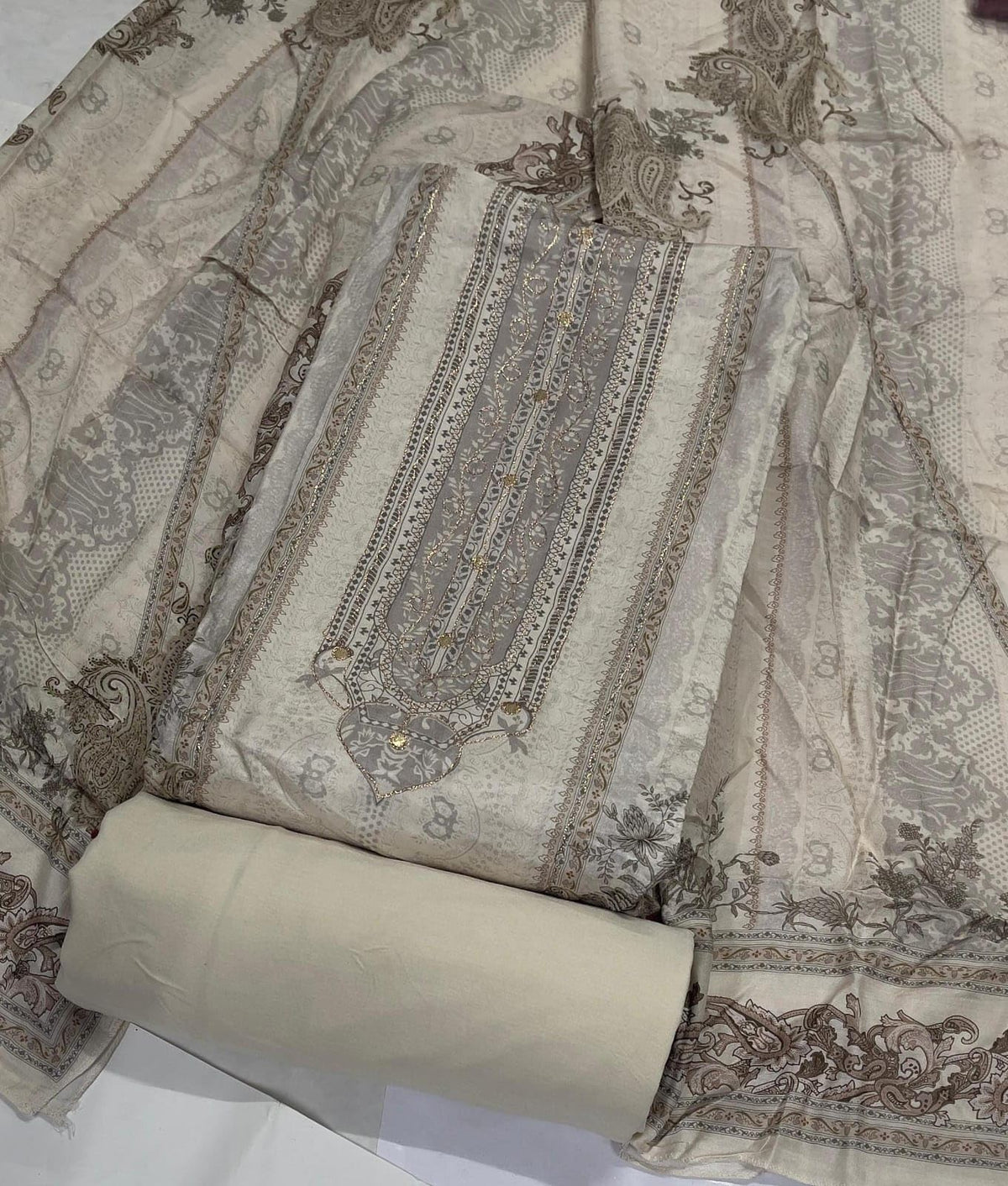 DRAVINAM Trends Women's Elegant Taupe & Off-White Embroidered Pure Muslin Dress Material with Printed Dupatta