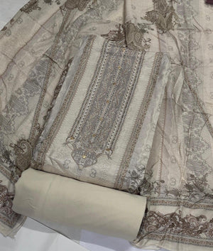 DRAVINAM Trends Women's Elegant Taupe & Off-White Embroidered Pure Muslin Dress Material with Printed Dupatta