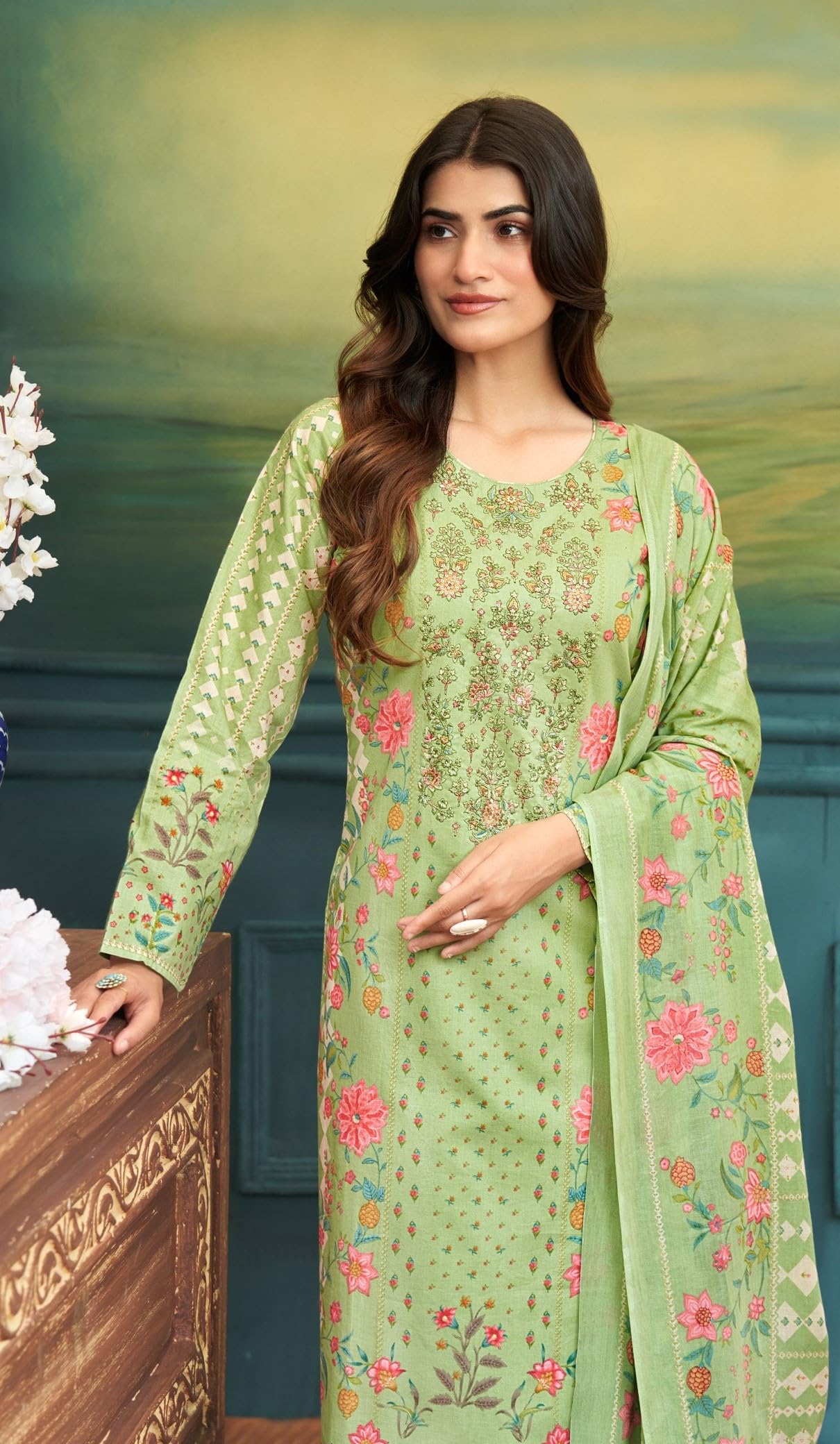 DRAVINAM Trends Women's Unstitched Salwar Suit Dress Material - Cotton Digital Printed Organza Embroidered Kameez II Unstitch Bottoms II Cotton Dupatta