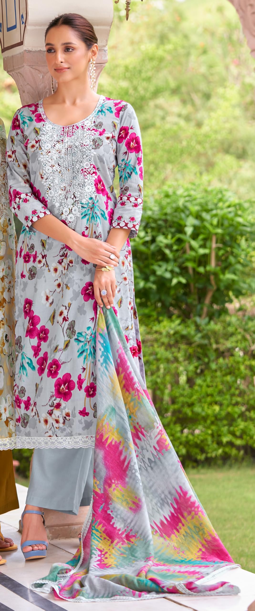DRAVINAM Trends Women's Unstitched Salwar Suit Material - Pink - Cambric Cotton - Floral Print Top with Embroidery - Solid Cotton Bottom - Mal Mal Print Dupatta with Lace