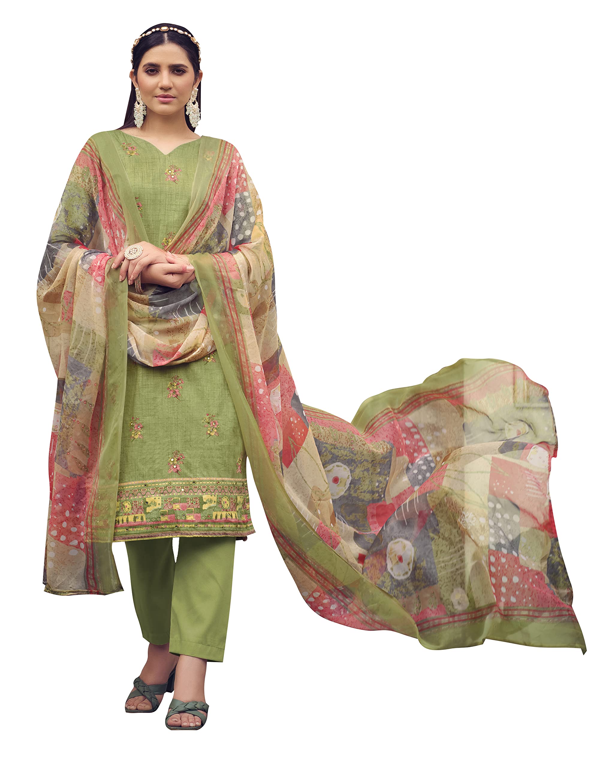 DRAVINAM Trends Unstitched Printed Mirror Work Cotton Salwar Suits Dress Material with Chiffon Dupatta (Green)