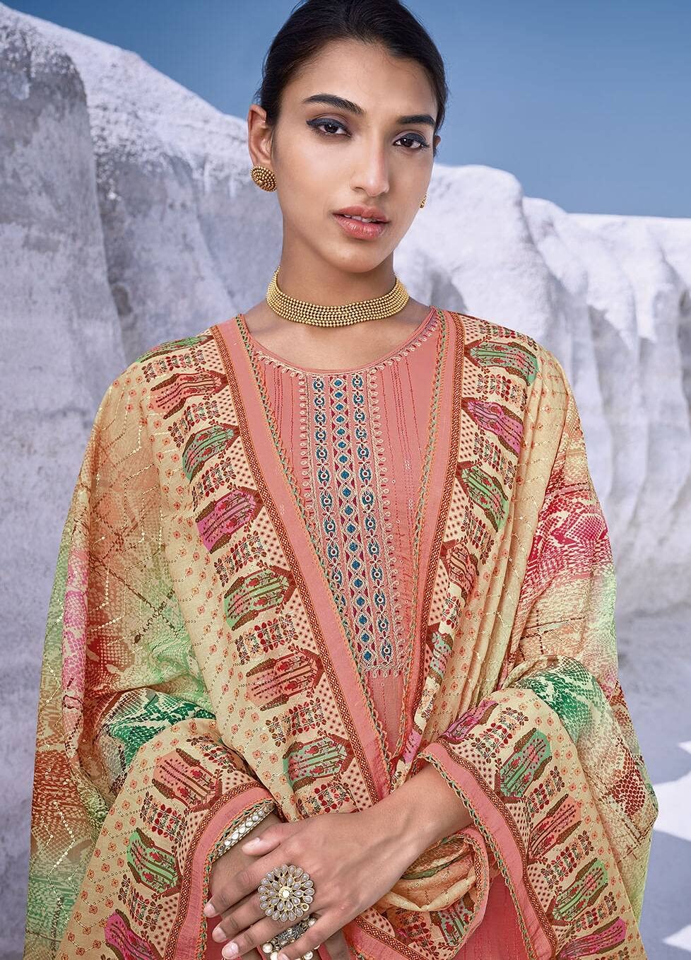 DRAVINAM Trends Women's Pure Musline Embroidery work Unstitched Salwar Suit Material with Pure Muslin Digital Print Sequence work Dupatta (Free size_Grey)