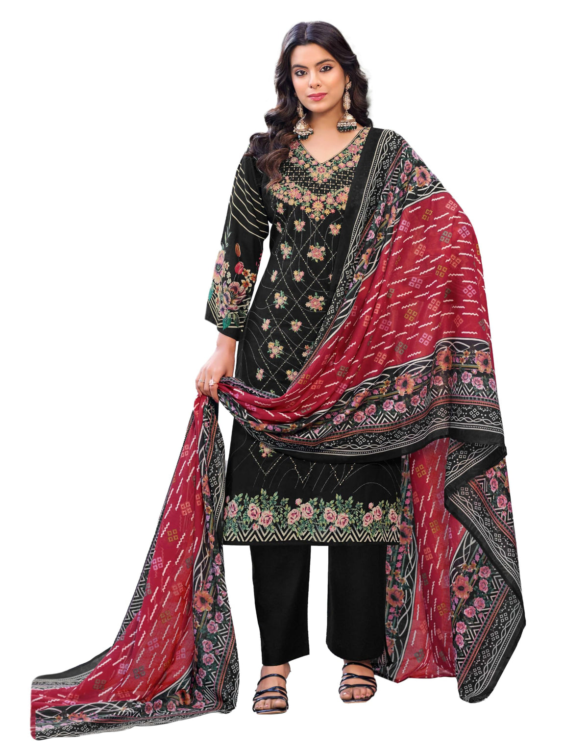 DRAVINAM Trends Women's Pure Lawn Cotton Pakistani Embroidered Suit Dress Material with Unstitched Bottoms and Cotton Dupatta