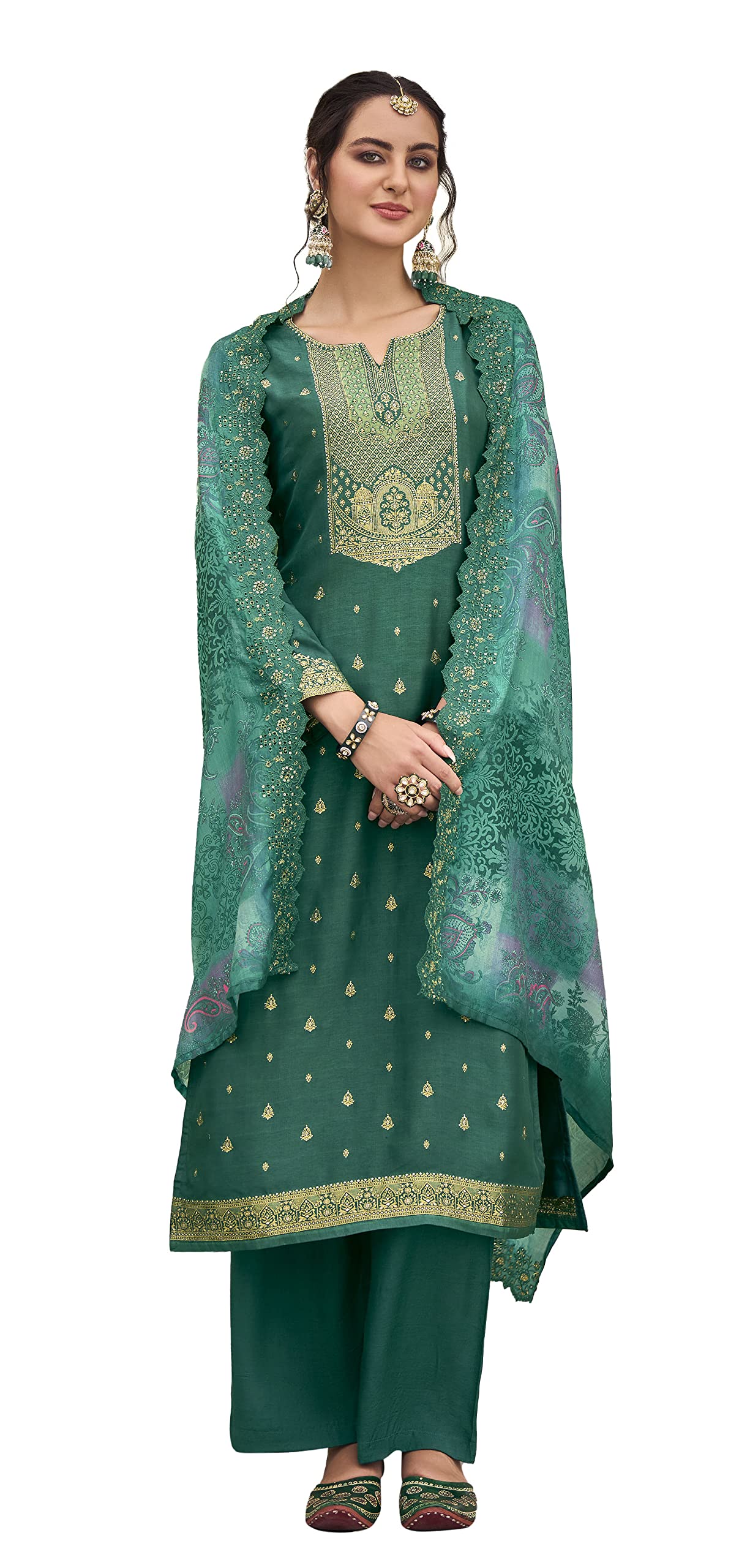 DRAVINAM Trends Women's Pure Jacquard Banarasi Silk Salwar Kameez Suit Dress Material with Digital Printed Embroidered Pure Viscose Heavy Silk Dupatta (