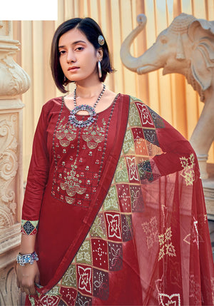 DRAVINAM Trends Women's Unstitched Embroidered Pure Jam Cotton Chudidar/Salwar Suit Dress Material with Printed Nazneen Chiffon Dupatta (Rust Maroon)