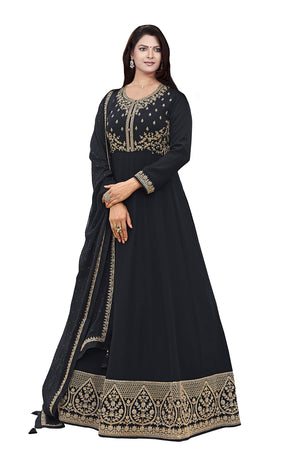 DRAVINAM Trends Women's Pure Georgette Heavy Zari Embroidered Anarkali Unstitched Suit Gown material with Georgette Embroidered and Swaroski work Dupatta (Free Size_Pinkish Red)