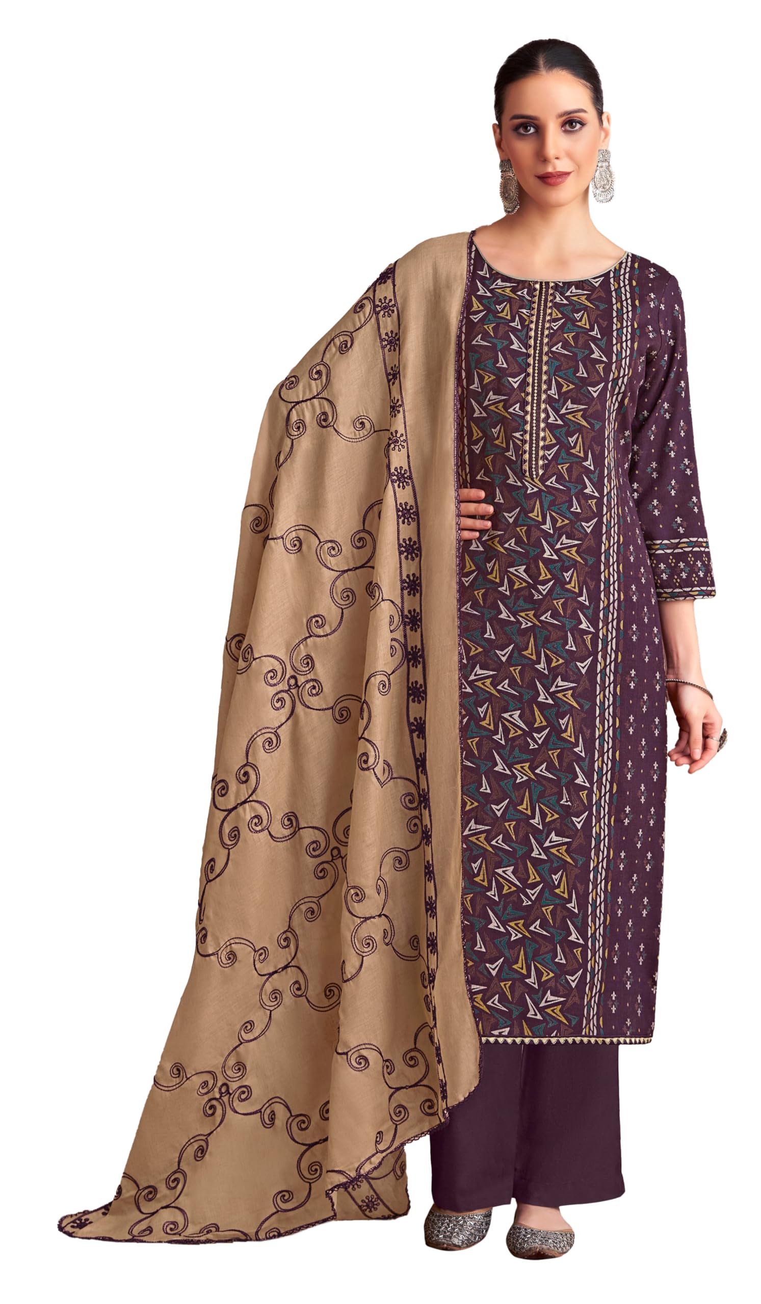 DRAVINAM Trends Women's Unstitched Rayon Salwar Suit Dress Material – Viscose Rayon Printed Hand work Top, Rayon Unstitch Bottom and Embroidered Cotton Dupatta