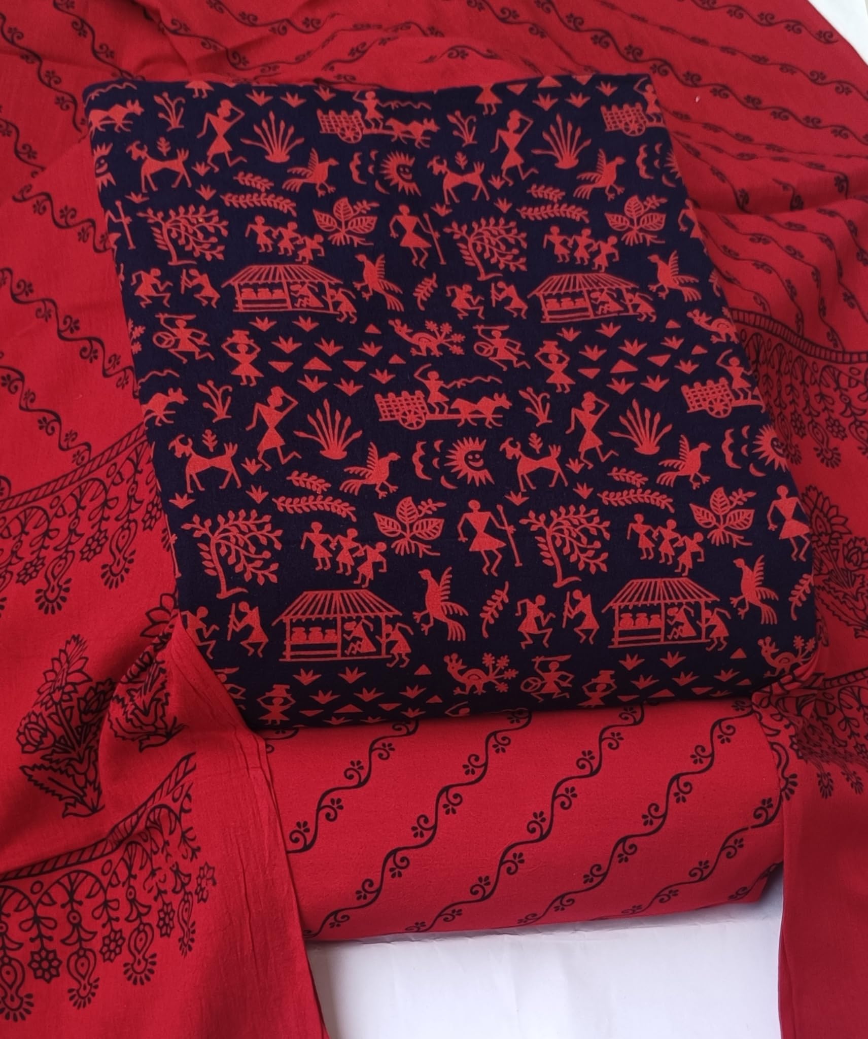 DRAVINAM Trends Women's Premium Cotton Unstitched Salwar Suit Dress Material Set | Traditional Rajasthani Gujari Block Print (Red & Mustard Yellow)