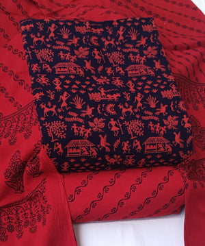 DRAVINAM Trends Women's Premium Cotton Unstitched Salwar Suit Dress Material Set | Traditional Rajasthani Gujari Block Print (Red & Mustard Yellow)