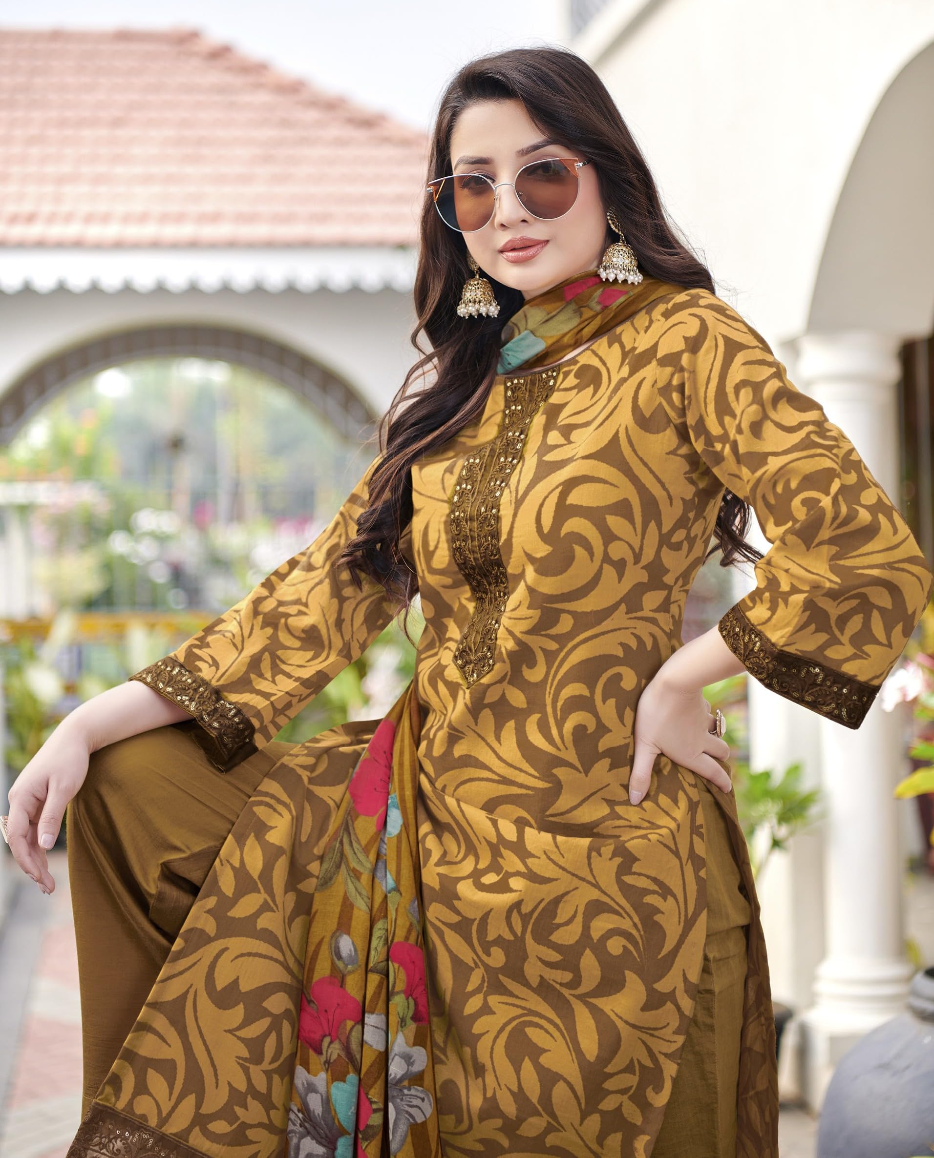DRAVINAM Trends Kurti 2.50 mtrs,Pure Cotton Solid (2.7 m), Pure Cotton Mal Mal Print Dupatta (2.25 m)|Brown