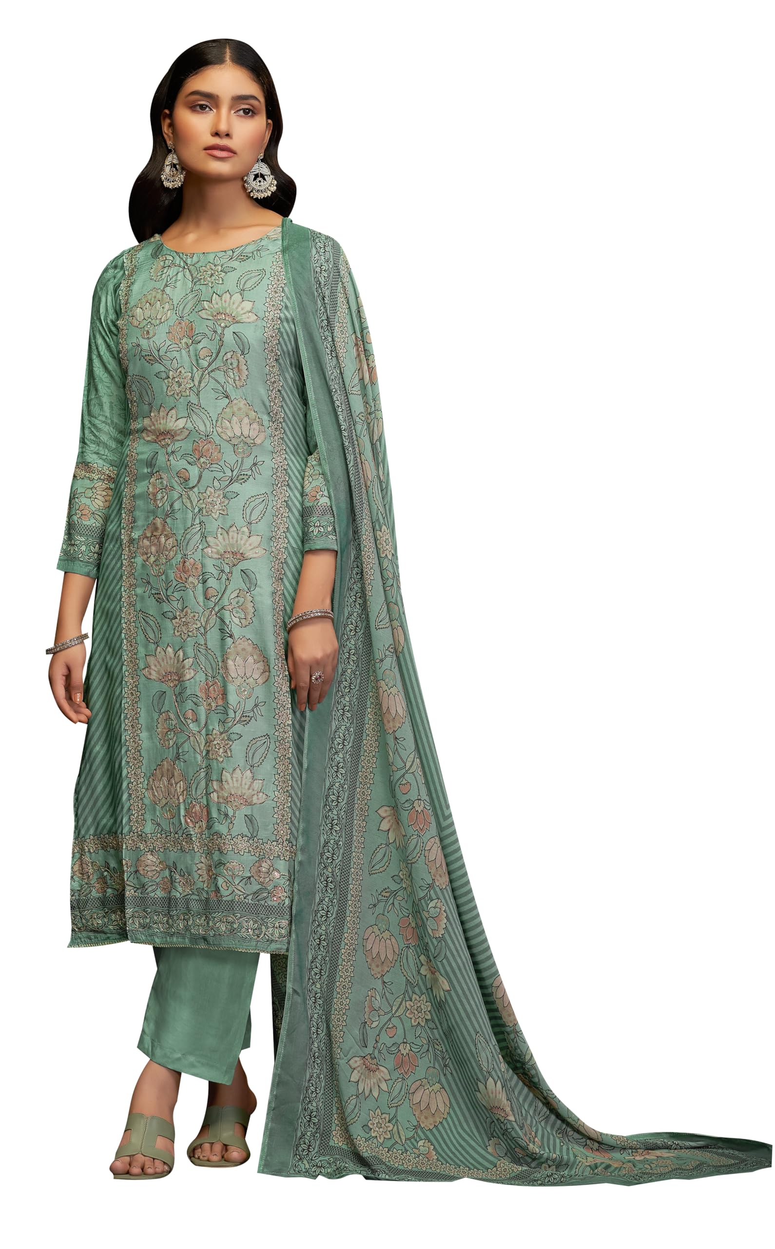 DRAVINAM Trends Women's Unstitched Maslin Salwar Suit Dress Material - Pure Bemberg Maslin Aari Work Kameez II Rayon Unstitch Bottoms II Viscose Maslin Digital Prints Dupatta