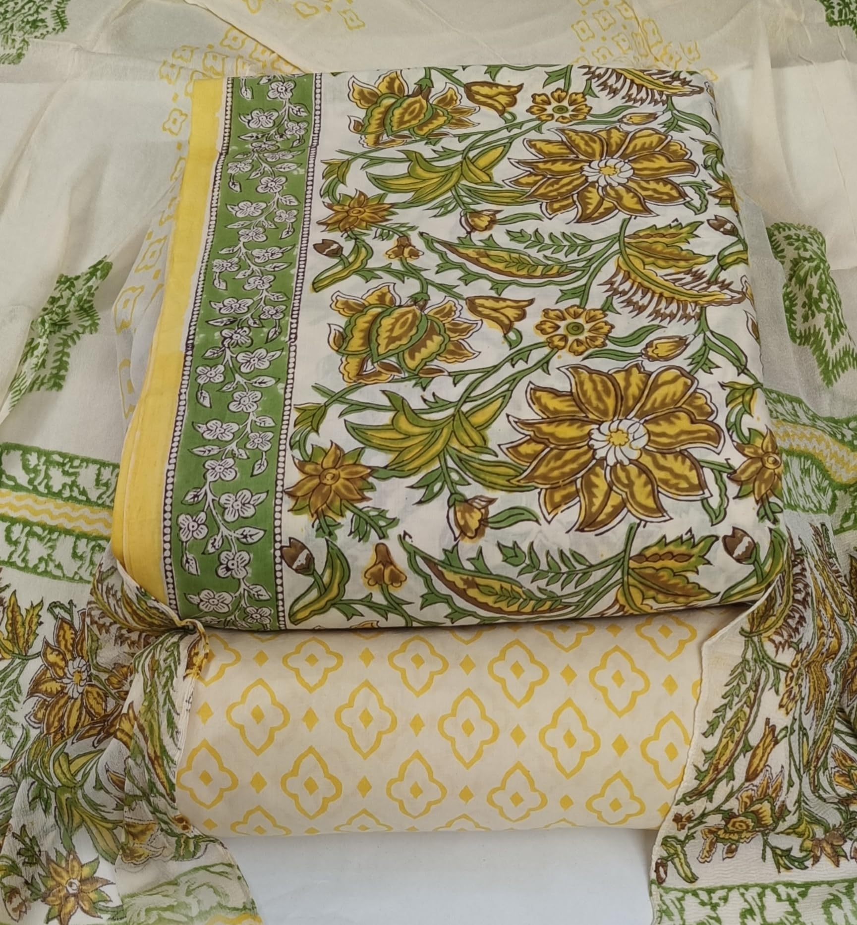 DRAVINAM Trends Hand Block Print Cambric Cotton Unstitched Salwar Suit Set for Women with Pure Chiffon Hand Printed Dupatta