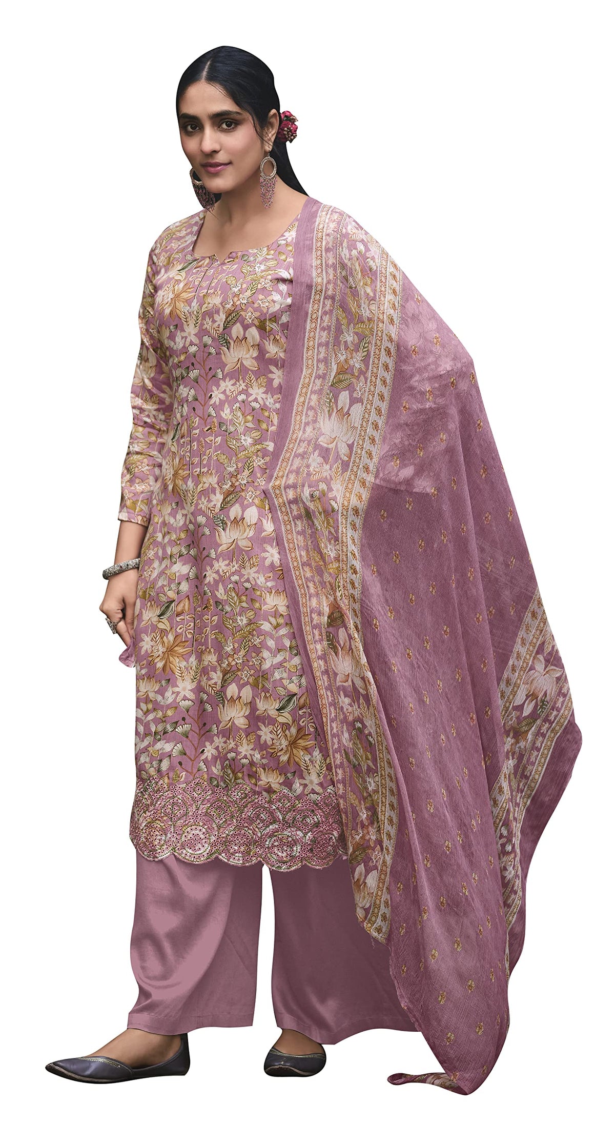 DRAVINAM Trends Unstitched Digital Printed Pure Cotton Embroidered Suit Set with Pure Bember Dupatta