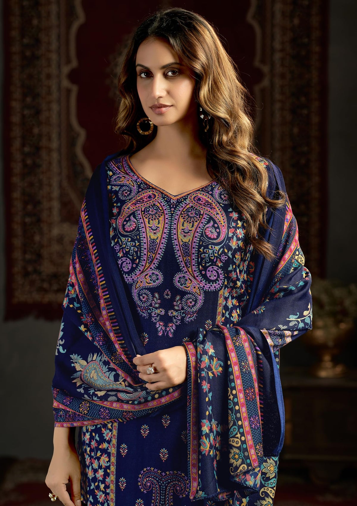 DRAVINAM Trends Women's Unstitched Kashmiri Print Woollen Pashmina Salwar Suit Dress Material with Pashmina Printed Shawl Dupatta (Free Size) (Grey)