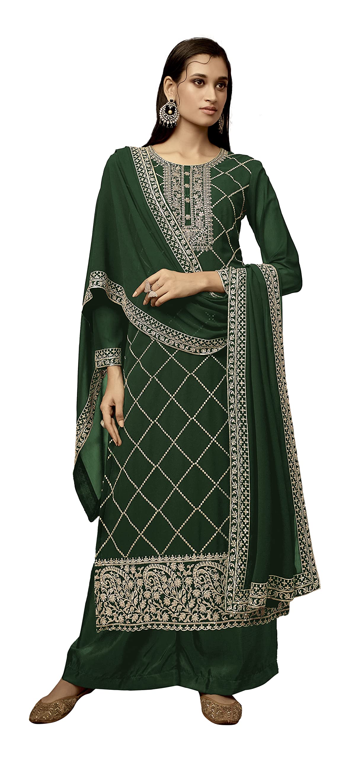 DRAVINAM Trends Women's Heavy Zari Embroidered Real Pure Georgette Salwar Kameez Pakistani Dress Material with Heavy Embroidered Dupatta (Green)