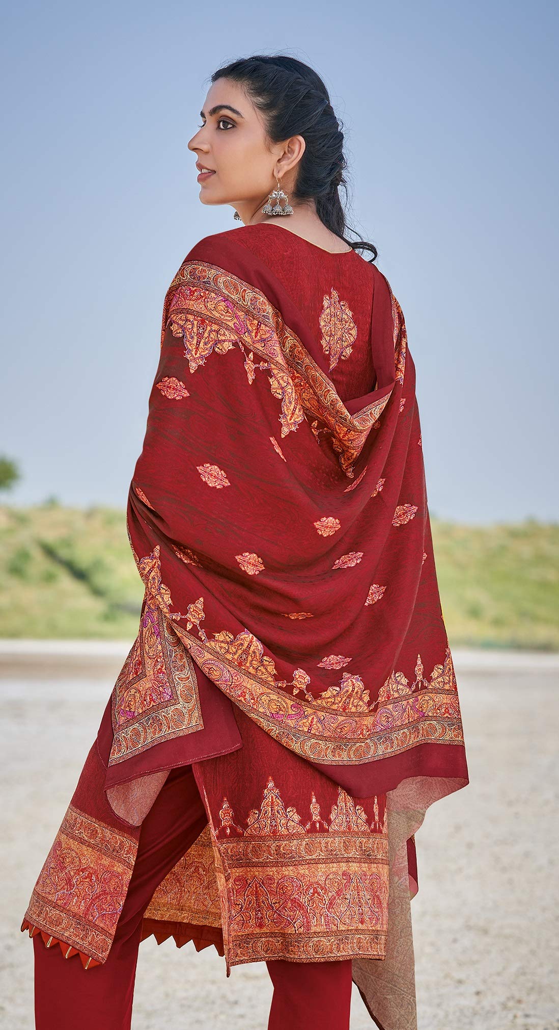DRAVINAM Trends Women's Unstitched Woollen Pashmina Embroidered Salwar Suit Dress Material with Pashmina Printed Shawl Dupatta (Free size_Red)