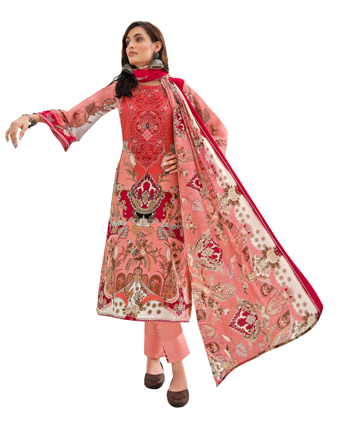 DRAVINAM Trends Women's Lawn Cotton Pakistani Embroidered Suit Dress Material with Unstitched Bottoms and Cotton Dupatta