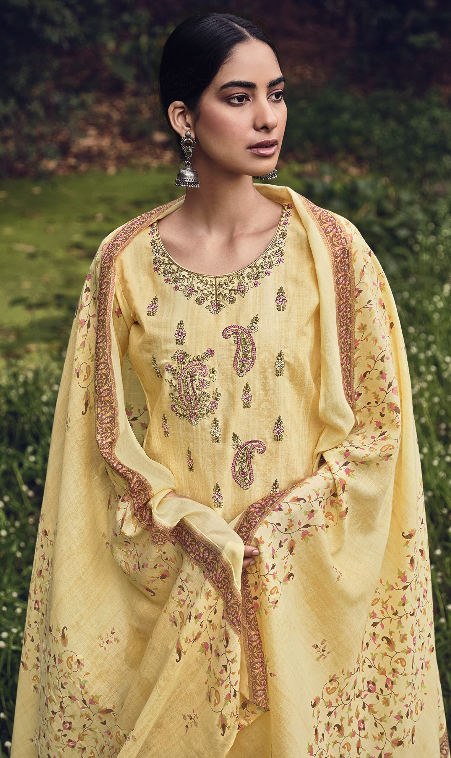 DRAVINAM Trends Unstitched Printed Embroidery Work Pure Cotton Salwar Suits Dress Material with Cotton Dupatta (Beige)
