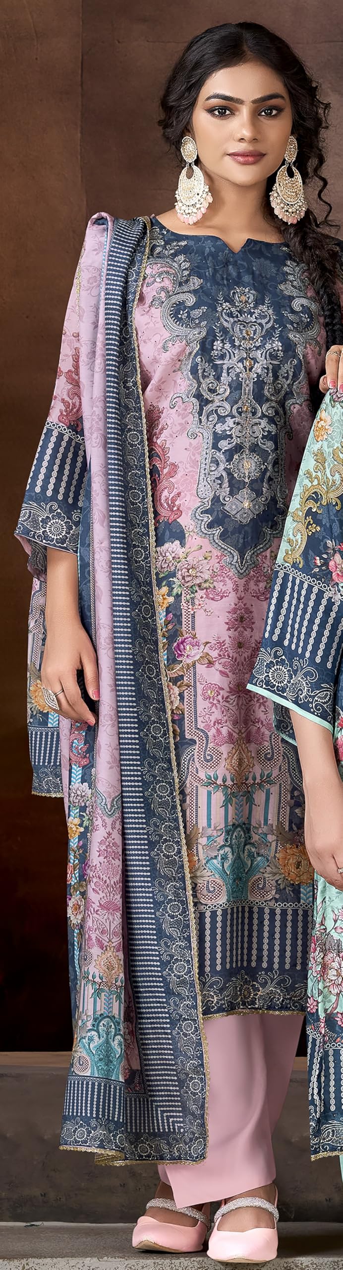 DRAVINAM Trends Pure Viscose Maslin Cotton Digital Printed Heavy Hand Embroidered Suit Dress Material with Unstitched Bottoms and Maslin Printed Dupatta