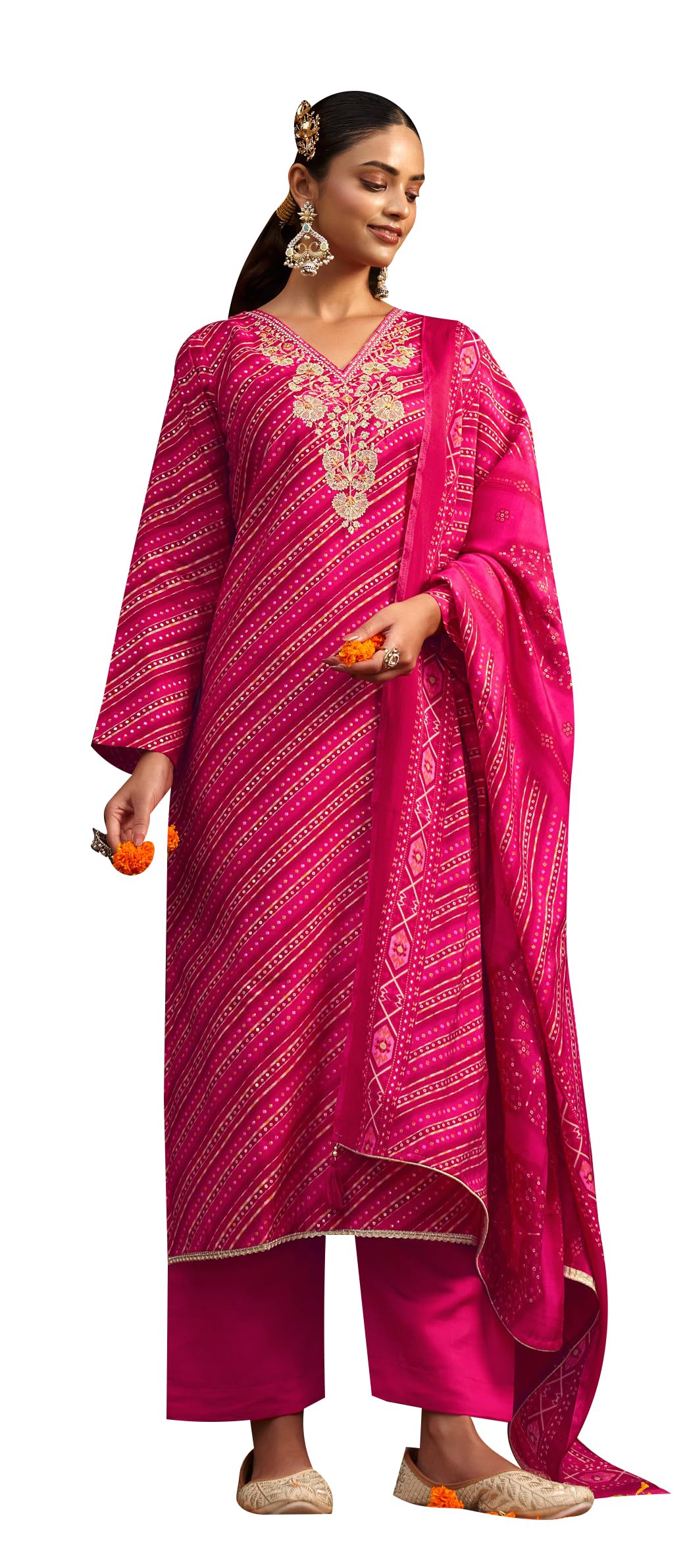DRAVINAM Trends Women's Unstitched Silk Suit - Modal Silk Discharge Foil Print with Coding Embroidery Top || Solid Bottoms II Modal Silk Discharge Foil Print And Tussle Dupatta