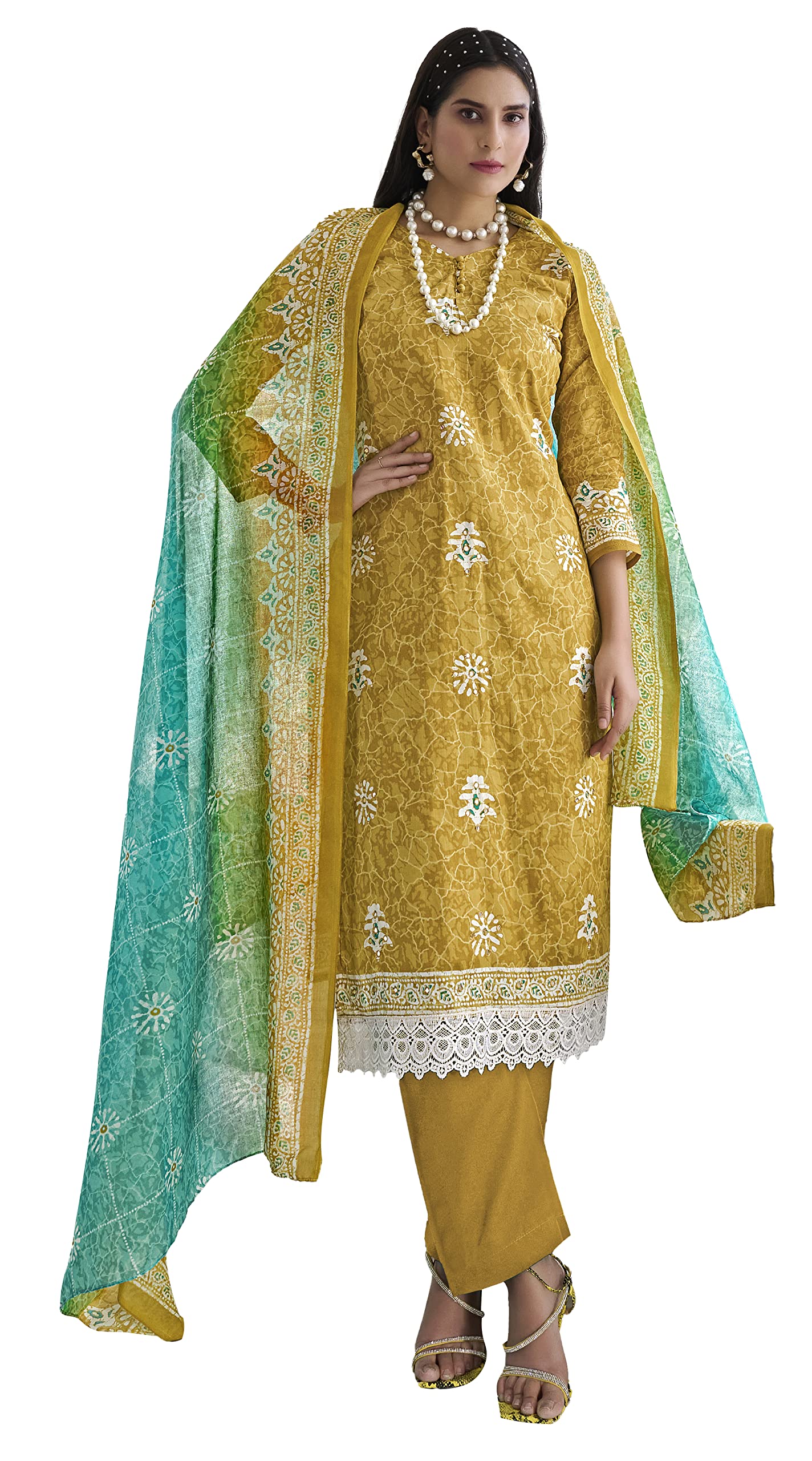 DRAVINAM Trends Women's Printed Unstitched Pure Cotton Kurti Palazzo Pants Set Material with Dupatta