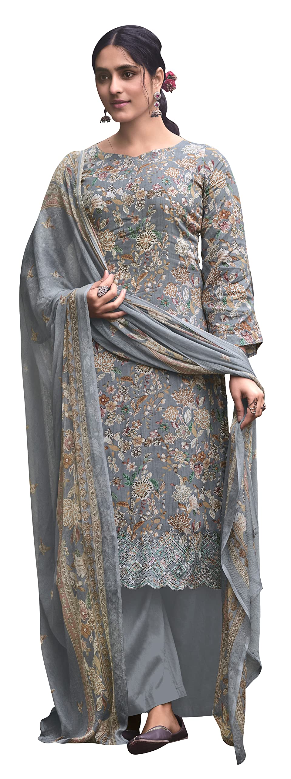 DRAVINAM Trends Unstitched Digital Printed Pure Cotton Embroidered Suit Set with Pure Bember Dupatta