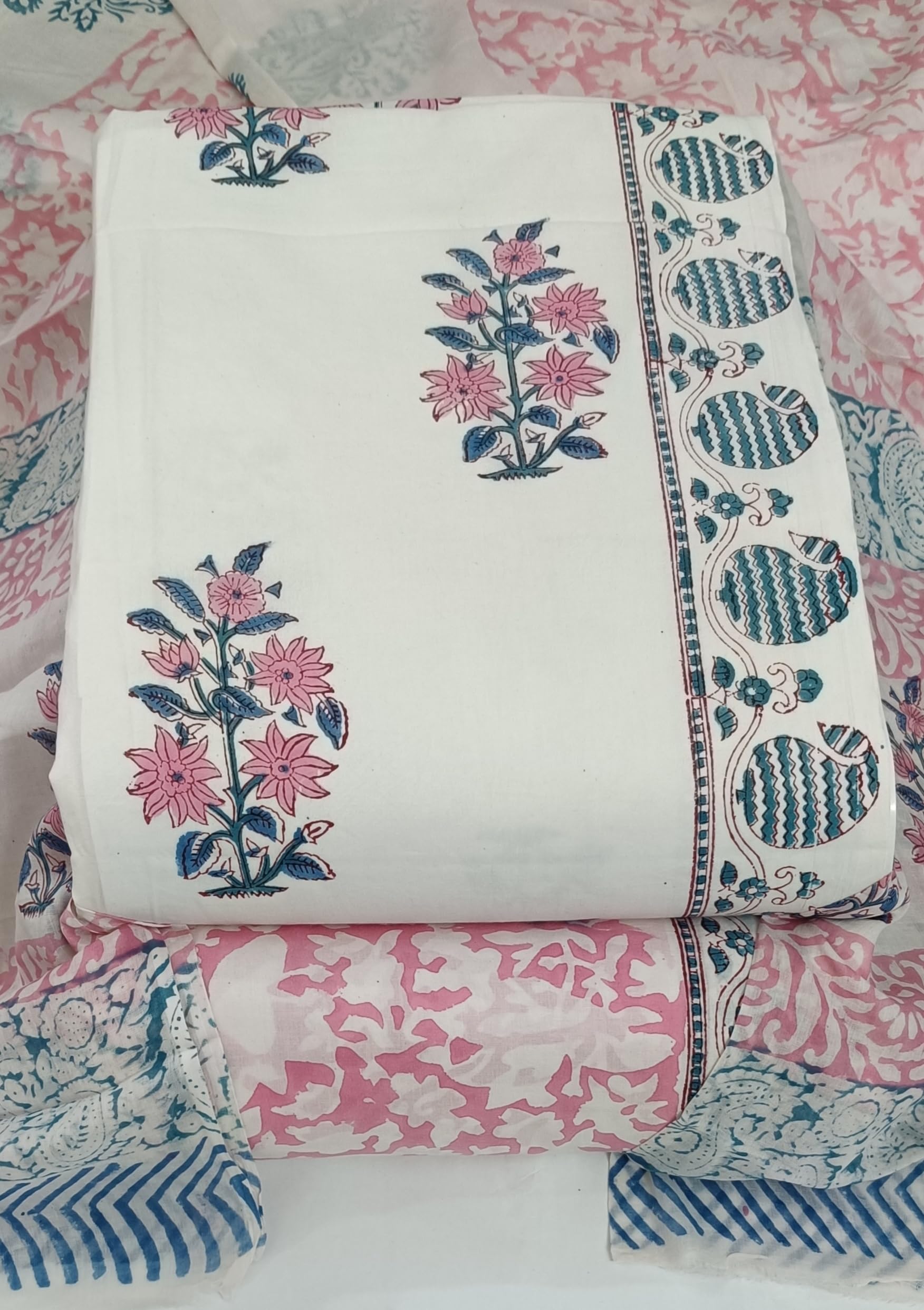 DRAVINAM Trends Hand Block Dabu Print Indigo Cambric Unstitched Cotton Suit Dress Material for Women with Mulmul Cotton Hand Printed Dupatta