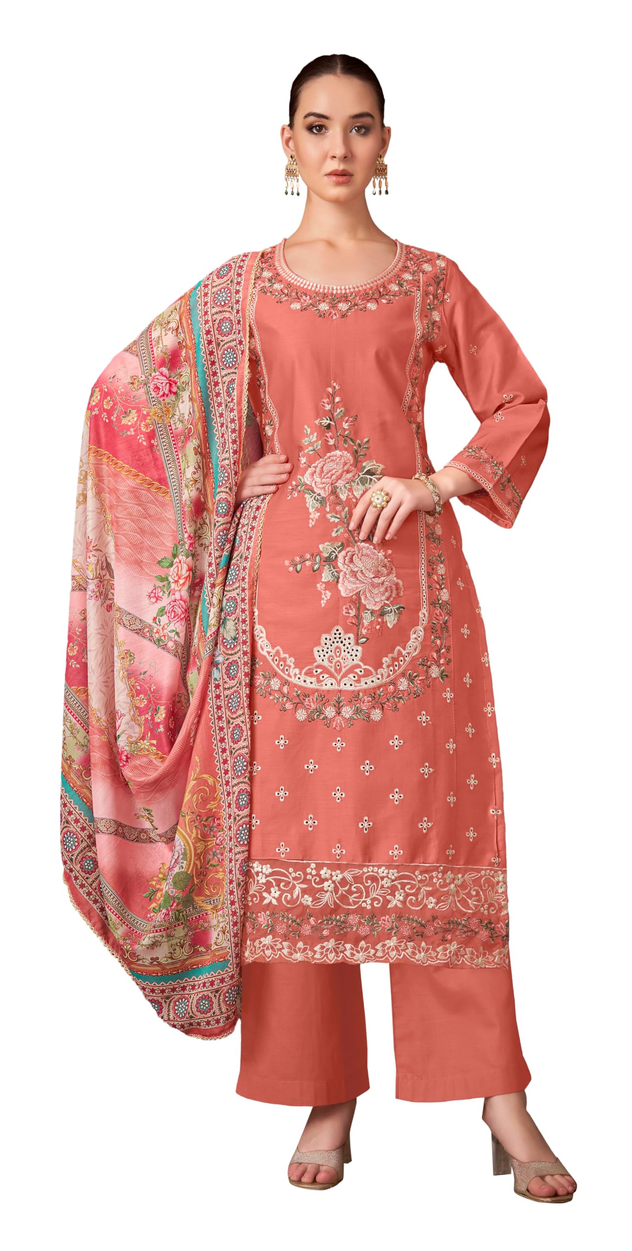 DRAVINAM Trends Women's Exquisite Unstitched Viscose Jam Cotton Suit Dress Material with Embroidered Daman & Sleeves | Stylish Pure Cotton Digital Print Dupatta & Solid Bottoms