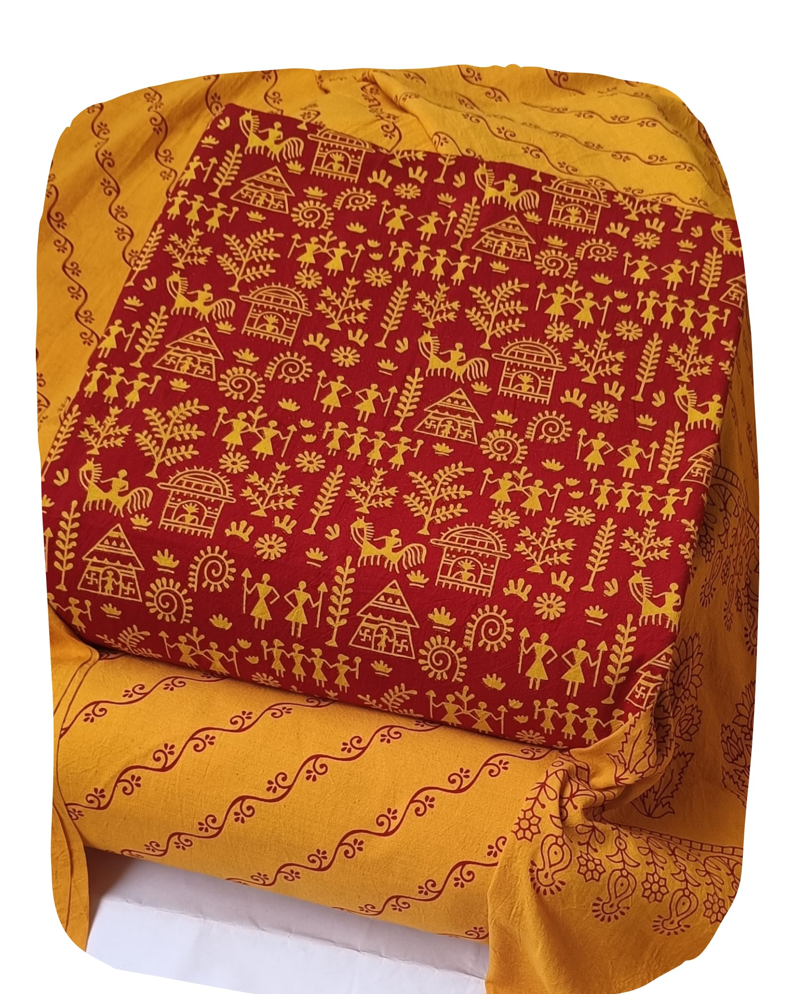 DRAVINAM Trends Women's Premium Cotton Unstitched Salwar Suit Dress Material Set | Traditional Rajasthani Gujari Block Print (Red & Mustard Yellow)