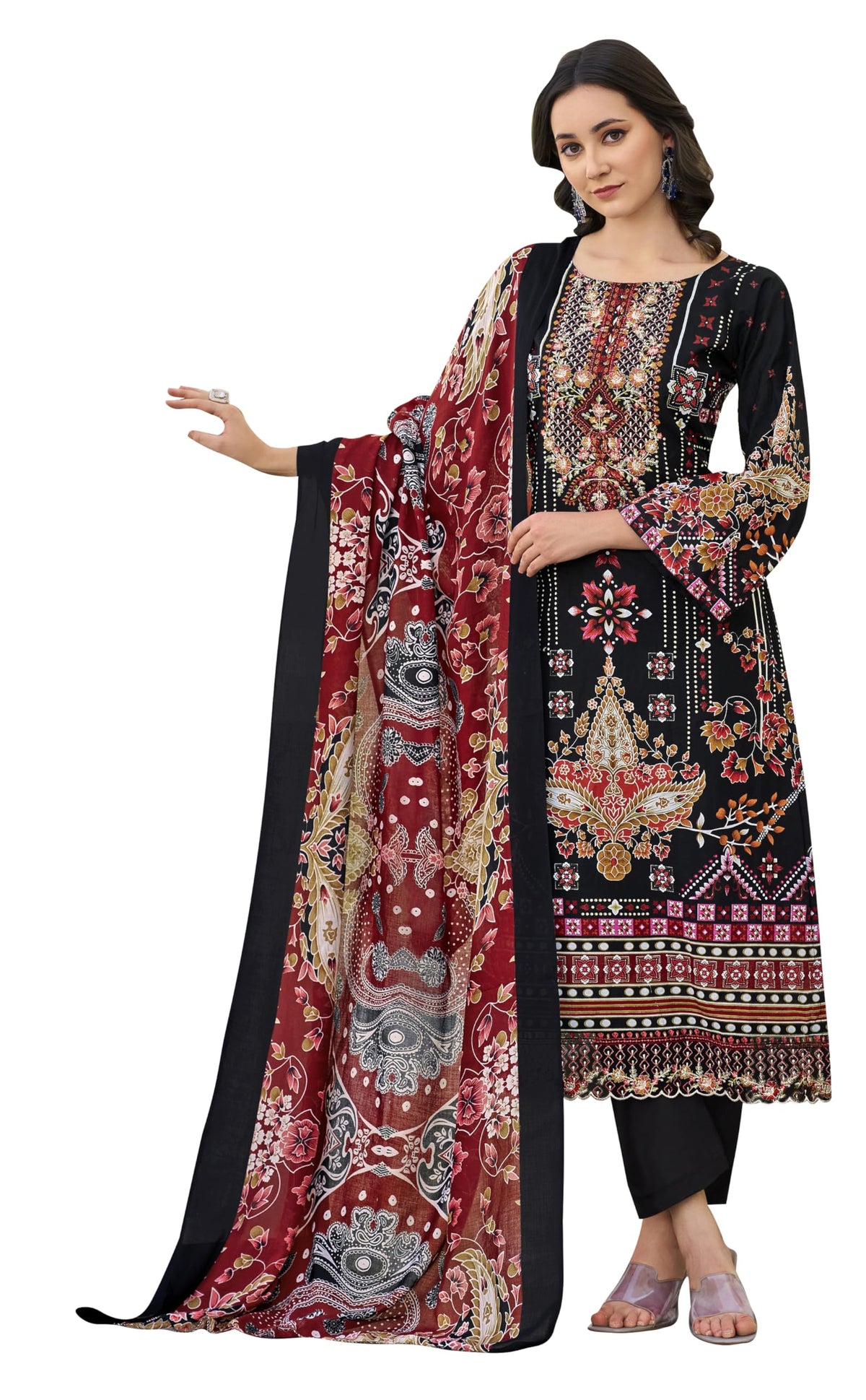 DRAVINAM Trends Women's Unstitched Salwar Suit Dress Material - Cotton Digital Printed Organza Embroidered Kameez II Solid Bottoms II Printed Dupatta
