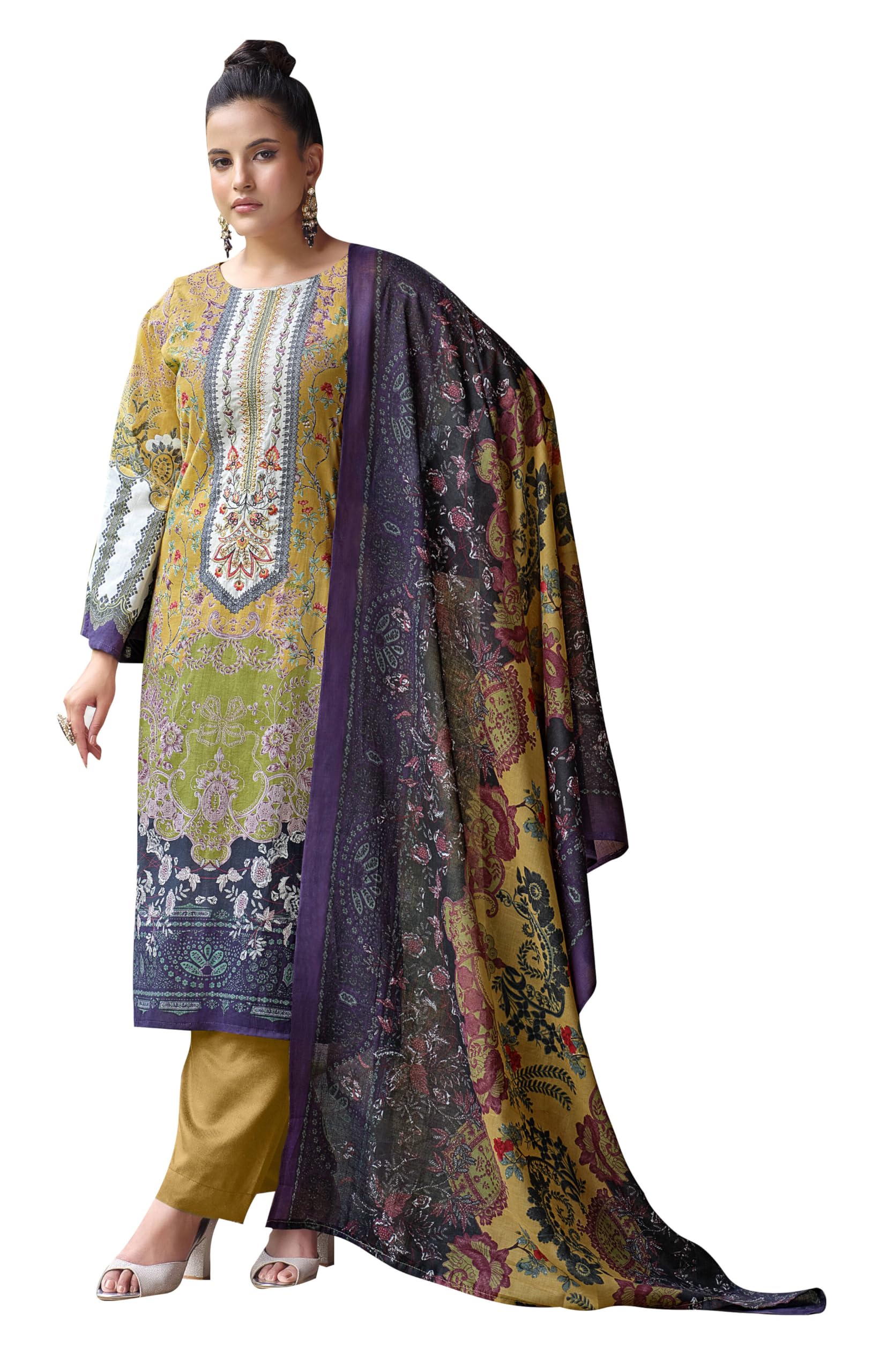 DRAVINAM Trends Unstitched Pakistani Print Embroidered Cotton Salwar Suit Dress Materials with Cotton Printed Dupatta (Beige)