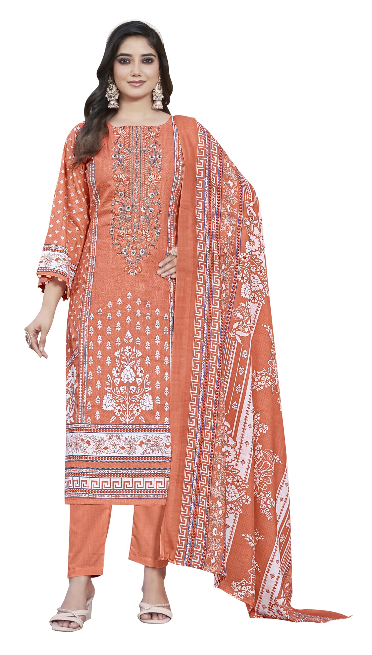 DRAVINAM Trends Women's Pure Lawn Cotton Pakistani Embroidered Suit Dress Material with Unstitched Bottoms and Cotton Dupatta