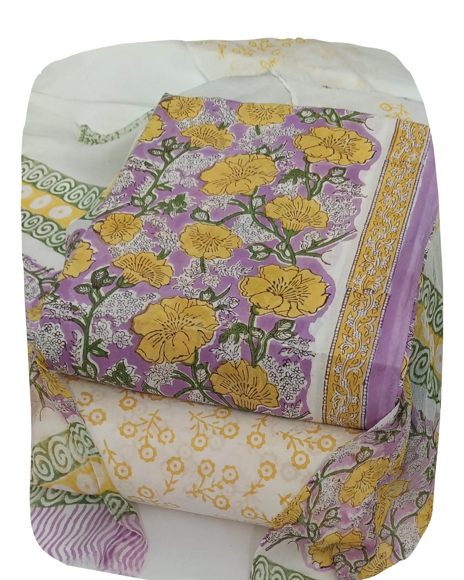 DRAVINAM Trends Hand Block Print Pure Cambric Cotton Unstitched Suit Material with Chiffon Hand Printed Dupatta