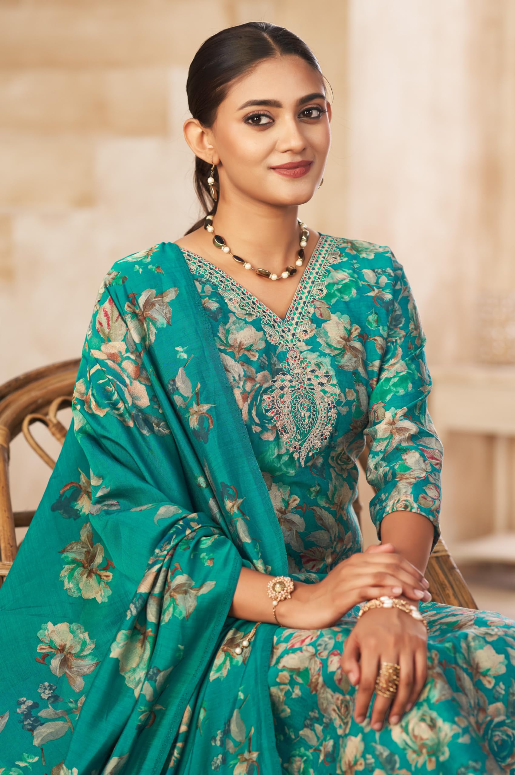 DRAVINAM Trends Women's Unstitched Maslin Salwar Suit Dress Material - Pure Viscose Modal Maslin Embroidered Kameez II Unstitch Bottoms II Viscose Modal Maslin Digital Prints Dupatta