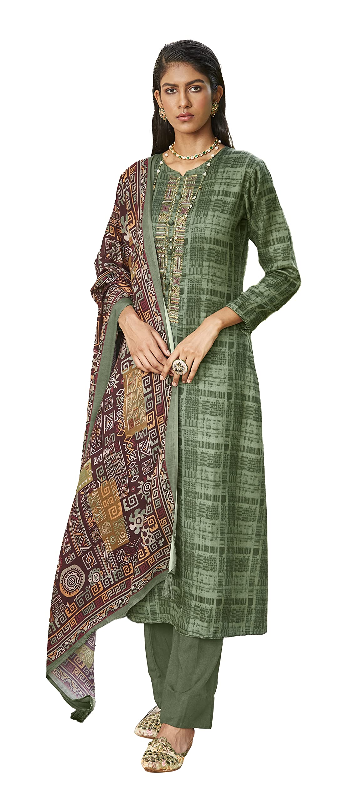 DRAVINAM Trends Women's Unstitched self Digital Print Hand embroidered Pure Woollen Pashmina Salwar Suit Dress Material with digital printed Pure woolen shawl dupatta (Green)