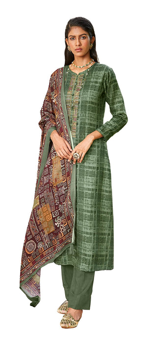 DRAVINAM Trends Women's Unstitched self Digital Print Hand embroidered Pure Woollen Pashmina Salwar Suit Dress Material with digital printed Pure woolen shawl dupatta (Green)