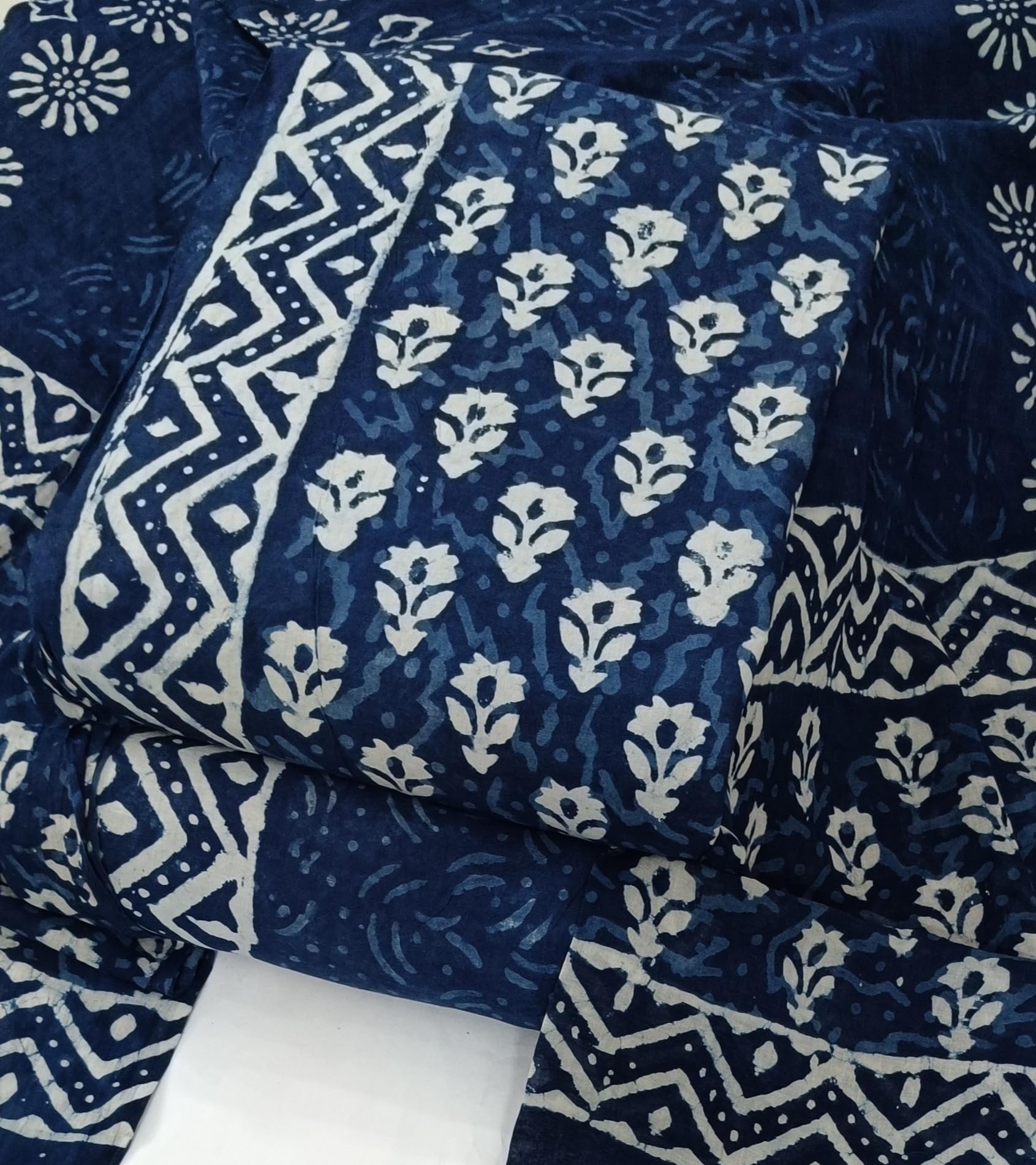 DRAVINAM Trends Hand Block Dabu Print Indigo Cambric Unstitched Cotton Suit Dress Material for Women with Mulmul Cotton Hand Printed Dupatta