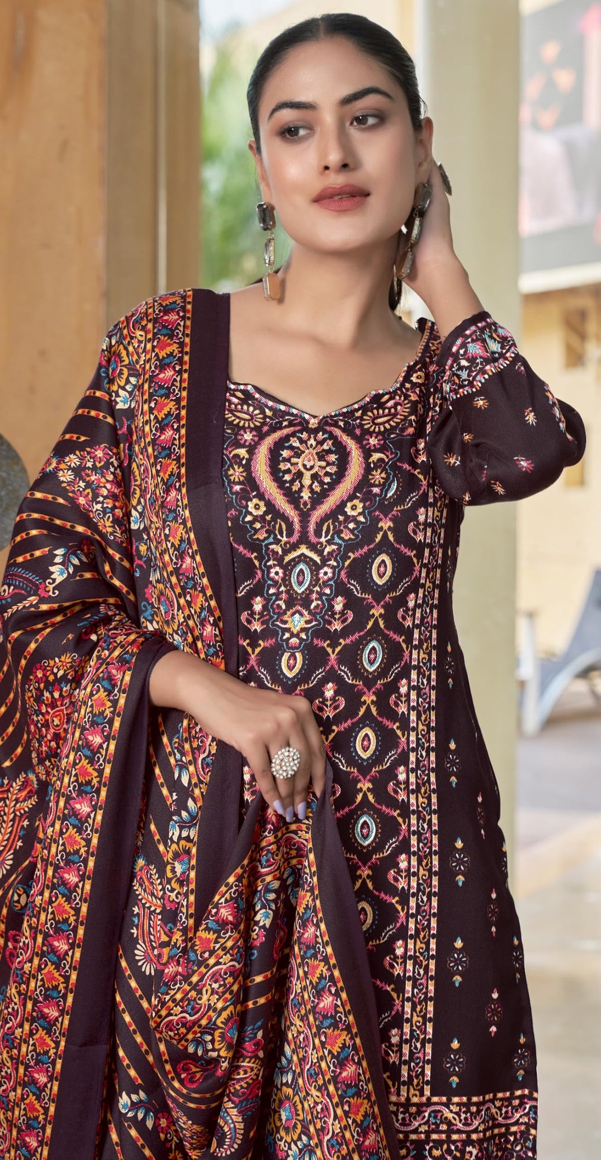 DRAVINAM Trends Women's Printed Woolen Pashmina Unstitch Salwar Suit Dress Material with Printed Woolen Warm Shawl Dupatta