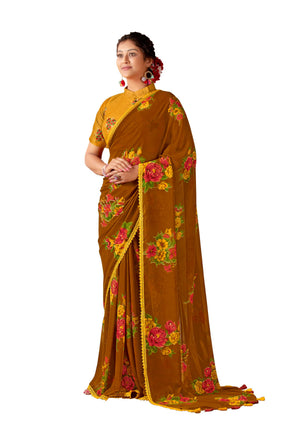 DRAVINAM Trends Women's Pure georgette Bandhani Print saree with Lace Borders and Solid Blouse Piece (Black)