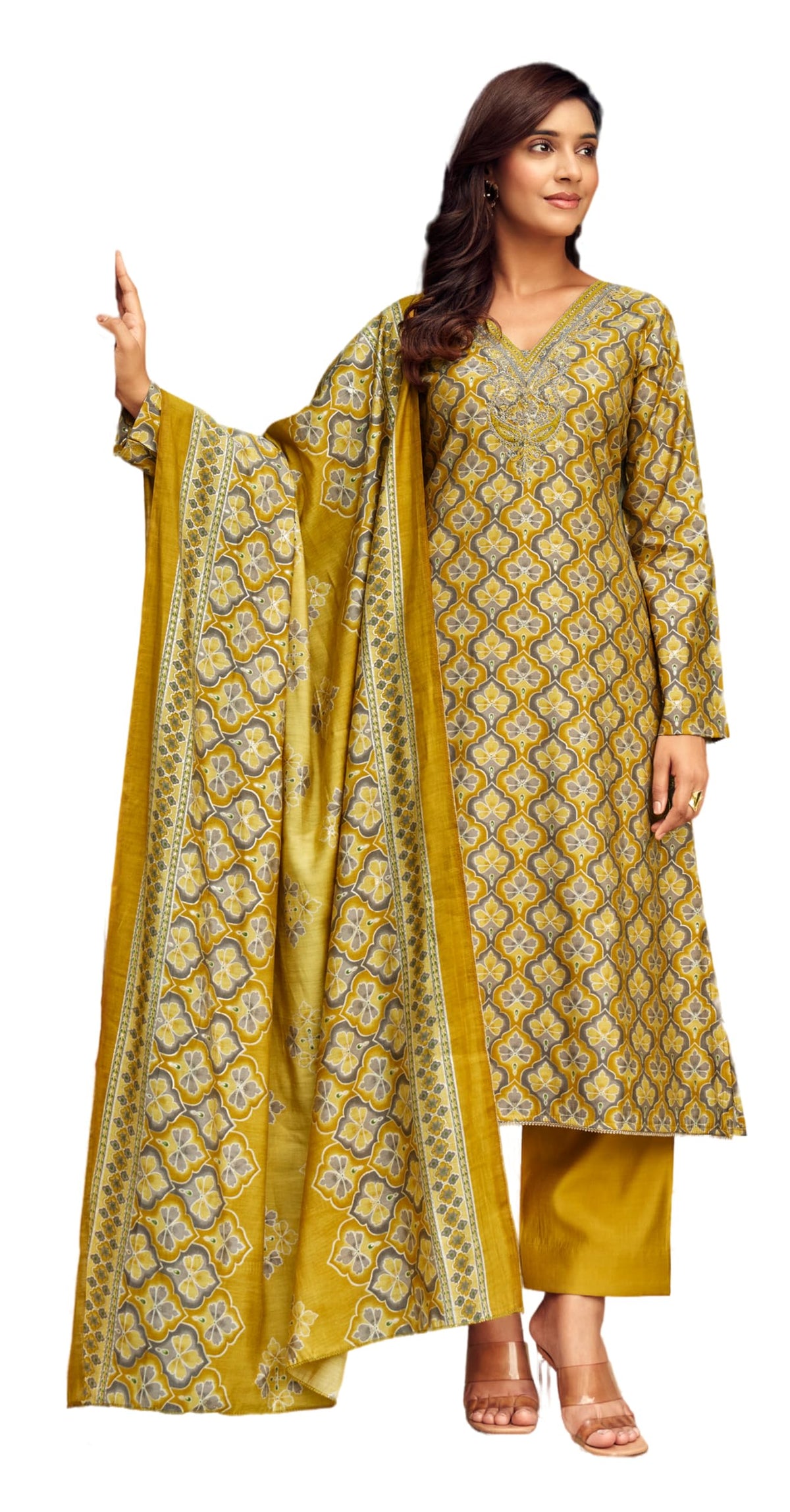 DRAVINAM Trends Women's Unstitched Salwar Suit Dress Material Modal Silk Discharge Foil Print Cording Embroidered Kameez Plain Unstitched Bottoms and Modal Silk Discharge Foil Print Dupatta