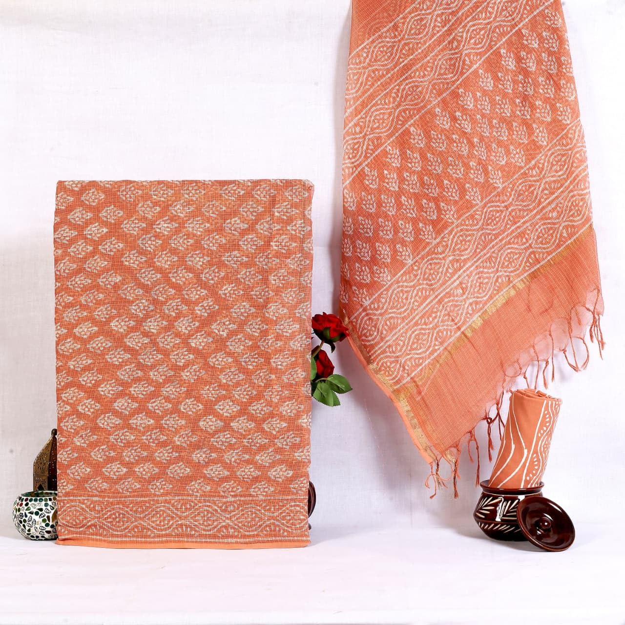 DRAVINAM Trends Jaipuri Hand Block Print Pure Kota Doriya Unstitched Suit Dress Material with Kota Doriya Hand Printed Dupatta