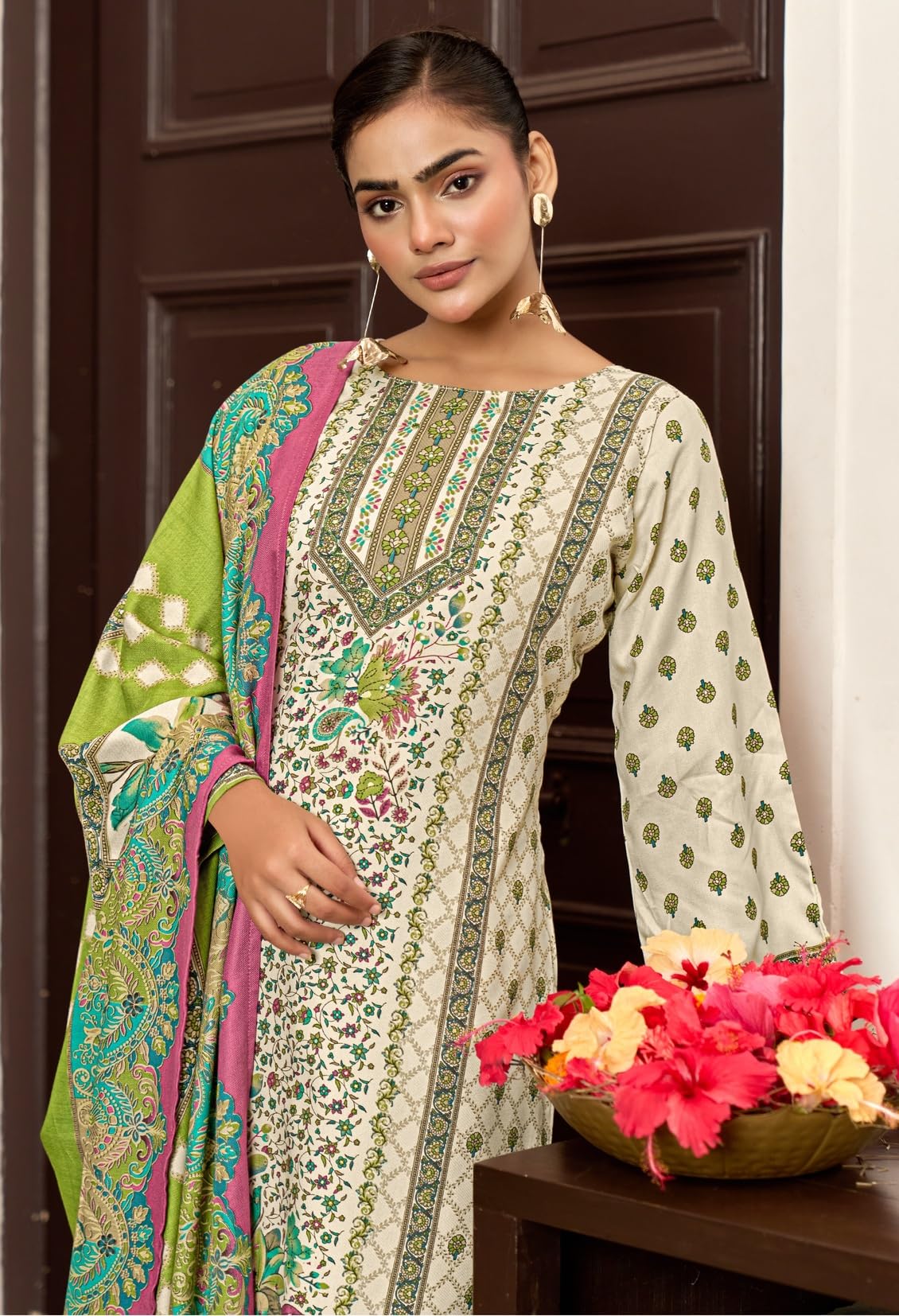 DRAVINAM Trends Women's Winter Wear Unstitched Digital Kani Printed Viscose Pashmina Woollen Salwar Suit Dress Material with Khatli Work Foil touchup and Pashmina Digital Printed Shawl Dupatta