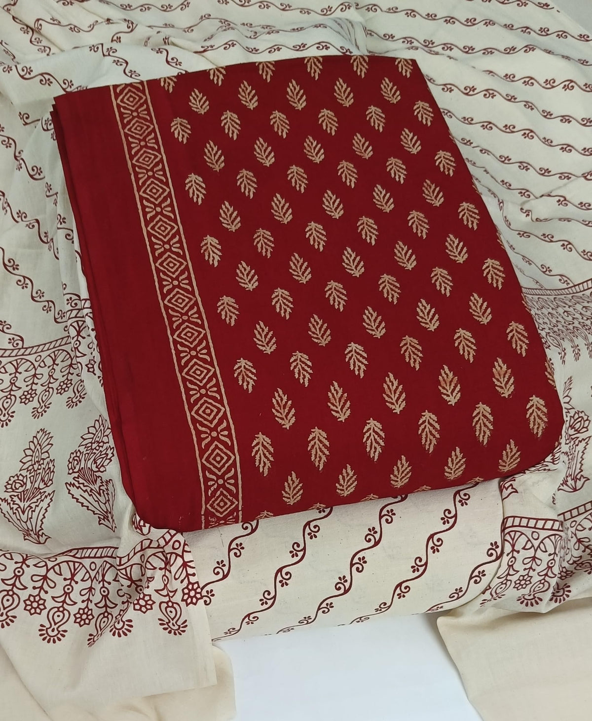 DRAVINAM Trends Women's Premium Cotton Unstitched Salwar Suit Dress Material Set | Traditional Rajasthani Gujari Block Print (Red & Mustard Yellow)