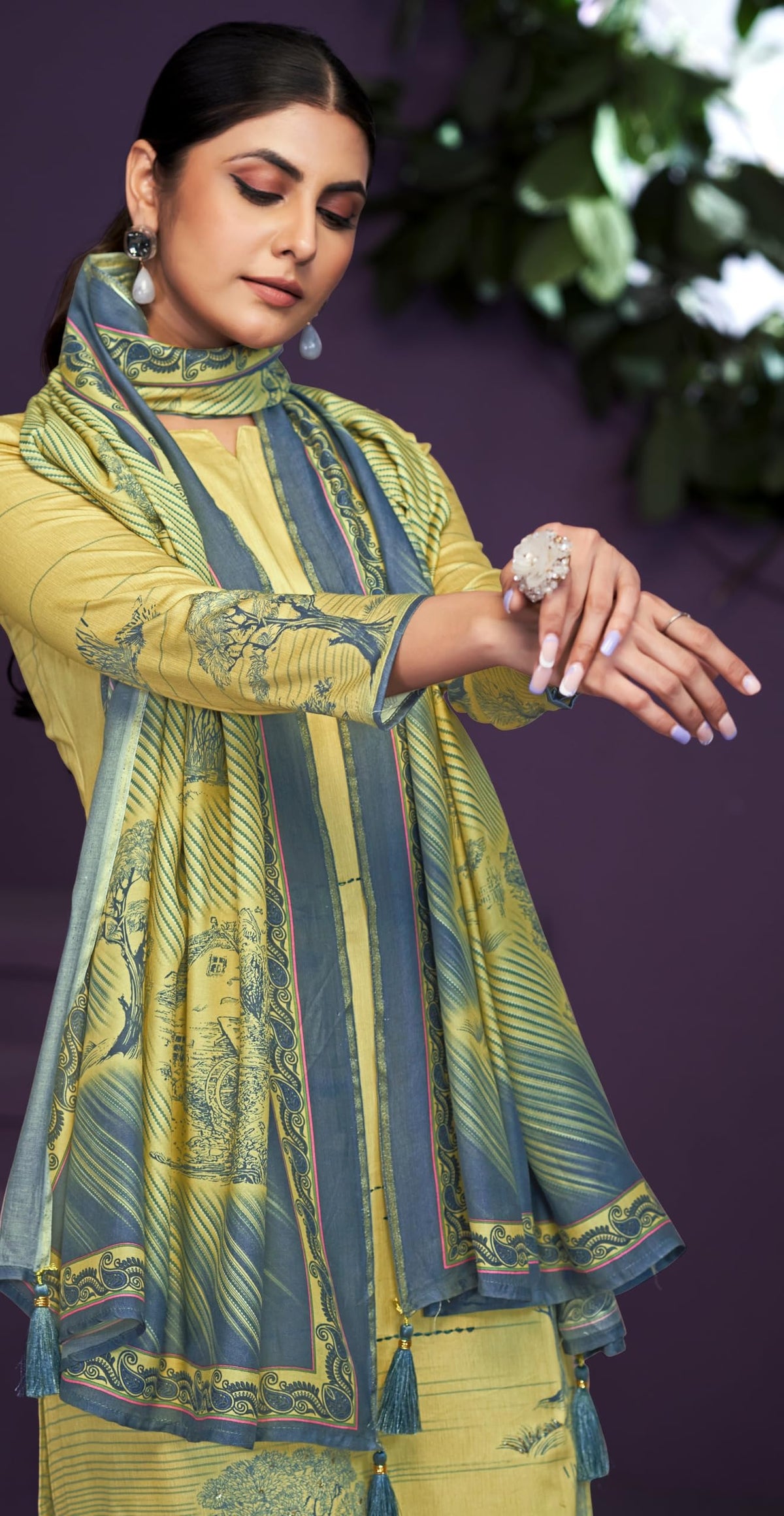Women's Unstitch Premium Maslin Suit Dress Material II Digital Printed Pure Maslin Top Fabric with Hand work & Gota Detailing II Viscose Rayon Bottom II Digital Printed Viscose Maslin Dupatta