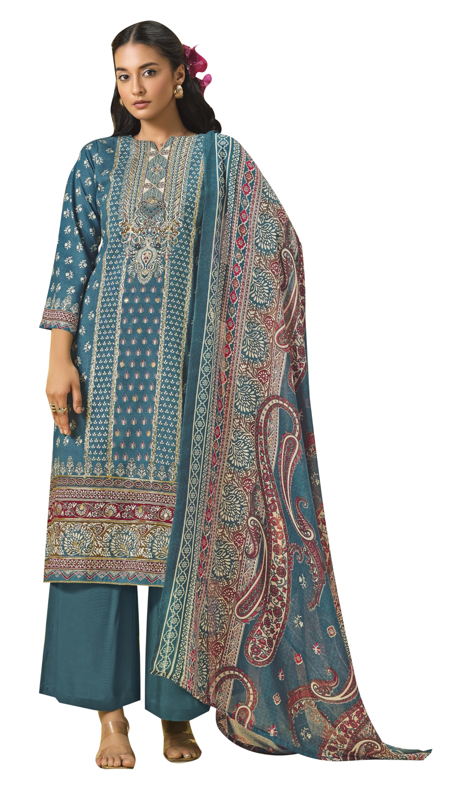 DRAVINAM Trends Women's Unstitched Salwar Suit Dress Material - Cotton Digital Printed Organza Embroidered Kameez II Unstitch Bottoms II Cotton Dupatta