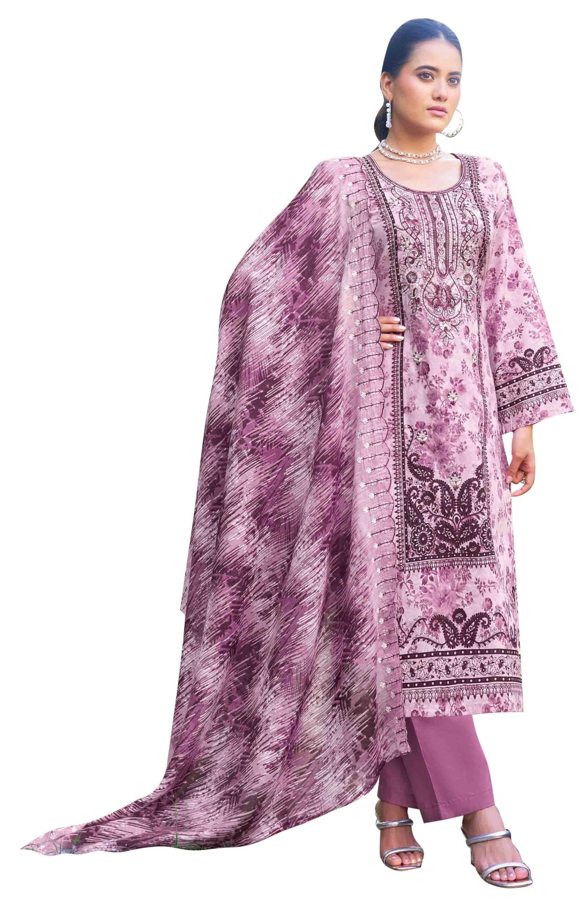 DRAVINAM Trends Unstitched Cotton Suit Dress Material Set: Pakistani Print Top Fabric with Embroidery | Customizable Solid Bottoms | Cotton Fancy Dupatta