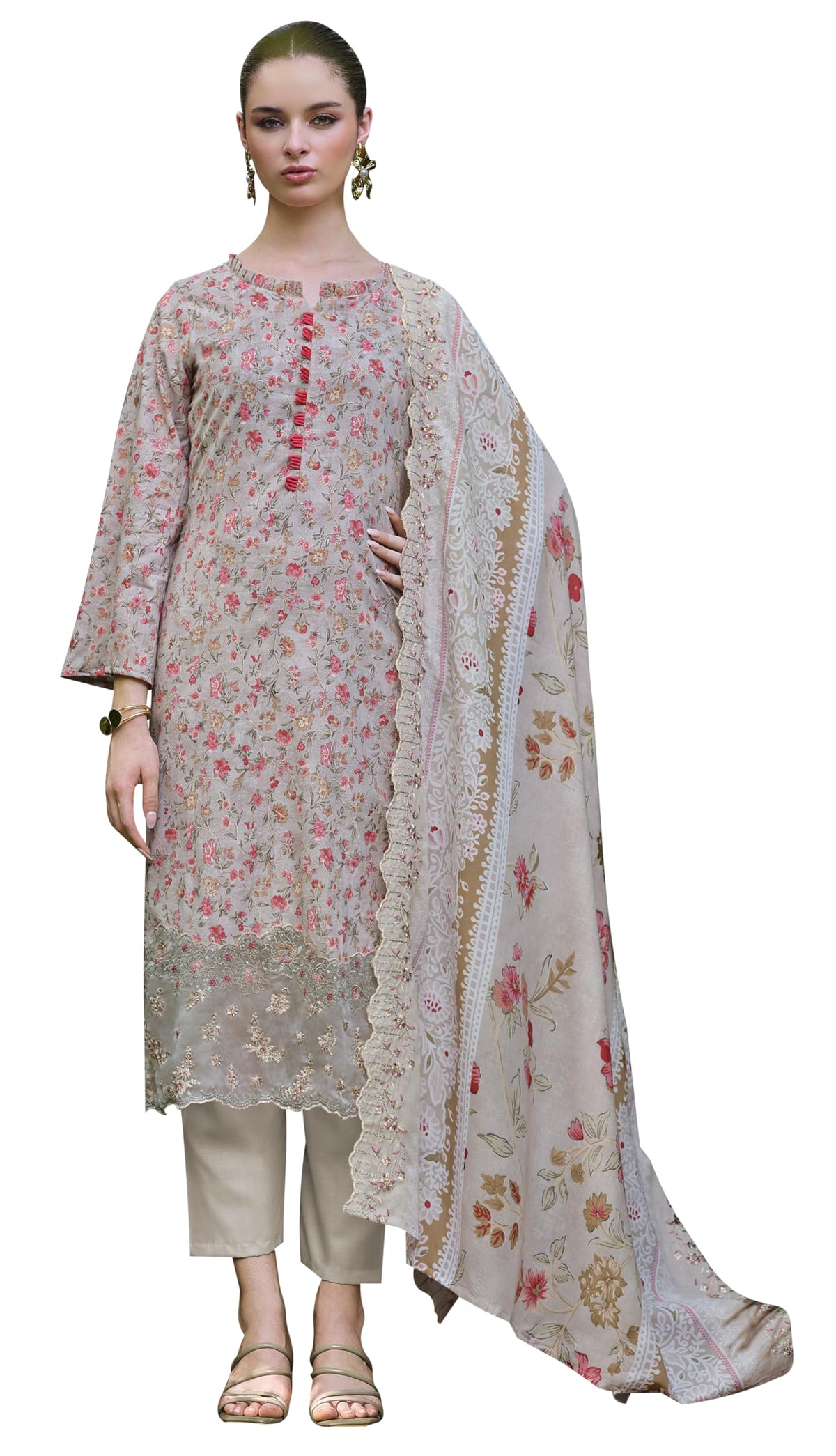 DRAVINAM Trends Women's Stitched Digital Print Embroidered Scalloping Cutwork Pure Cotton Kurta Pant Suit Set with Cotton Embroidered Scalloping Cutwork Dupatta (XL / 42)